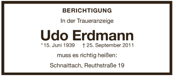 Traueranzeige von Udo Erdmann von Pegnitz-Zeitung